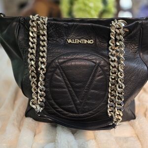 Valentino Black Leather Shoulder Bag with Gold Accents